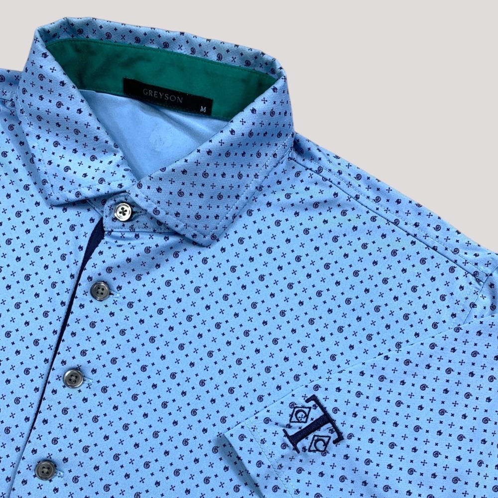 Greyson Triple Threat Icon Polo Mens M Blue Wolf Head Crossed Arrow All Over